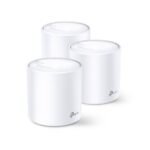 TP-Link Deco X20 AX1800 Whole Home Mesh Wi-Fi 6 Router 3 Pack showing three white cylindrical tower units with rear dual gigabit ports