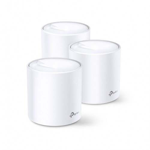 TP-Link Deco X20 AX1800 Whole Home Mesh Wi-Fi 6 Router 3 Pack showing three white cylindrical tower units with rear dual gigabit ports