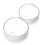 TP-Link Deco X50-PoE AX3000 Dual-Band Mesh Router (2 Pack) Price in BD - Front view of two circular white ceiling-mountable Wi-Fi 6 mesh units