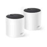 TP-Link Deco X55 AX3000 Dual-Band Mesh Router (2-Pack) Price in BD - Front view of two cylindrical white Wi-Fi 6 mesh units with Gigabit ports