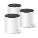 TP-Link Deco X55 AX3000 Dual-Band Mesh Router (3-Pack) Price in BD - Front view of three cylindrical white Wi-Fi 6 mesh units with Gigabit ports