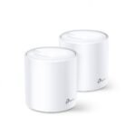TP-Link Deco X60 AX5400 Dual Band Mesh Router 2 Pack showing two white cylindrical tower units with rear dual gigabit ethernet ports