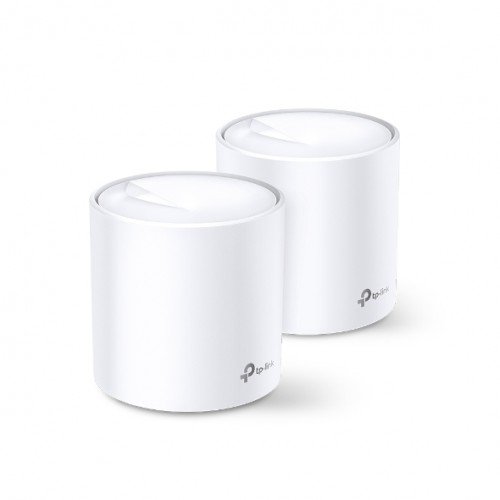 TP-Link Deco X60 AX5400 Dual Band Mesh Router 2 Pack showing two white cylindrical tower units with rear dual gigabit ethernet ports