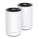 TP-Link Deco XE75 AXE5400 Tri-Band Wi-Fi 6E Mesh Router (2-Pack) Price in BD - Front view of two cylindrical white Wi-Fi 6E mesh router units
