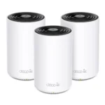 TP-Link Deco XE75 AXE5400 Tri-Band Wi-Fi 6E Mesh Router (3-Pack) Price in BD - Front view of three cylindrical white Wi-Fi 6E mesh router units