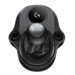 Logitech Driving Force Shifter manual gear stick module isolated on white showcasing its hand stitched black leather knob layout and metallic six speed shift diagram graphic top cap