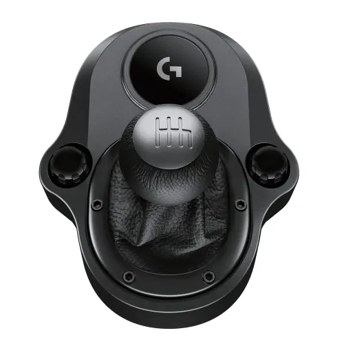 Logitech Driving Force Shifter manual gear stick module isolated on white showcasing its hand stitched black leather knob layout and metallic six speed shift diagram graphic top cap