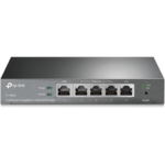TP-Link ER605 Omada Gigabit VPN Router Price in BD - Front view of compact black steel VPN router featuring LED status lights and 5 ethernet ports.