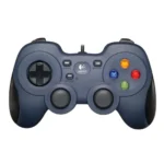 Logitech F310 wired gamepad controller showcasing its dark blue contoured shell body dual clickable analog thumbsticks floating directional D-pad color coded ABXY action buttons and low latency attached USB cable