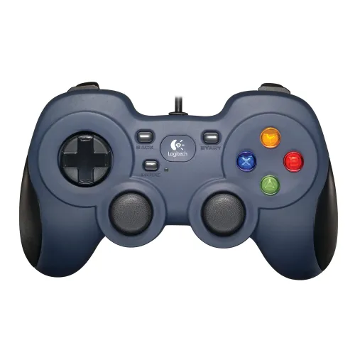 Logitech F310 wired gamepad controller showcasing its dark blue contoured shell body dual clickable analog thumbsticks floating directional D-pad color coded ABXY action buttons and low latency attached USB cable