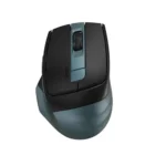 A4TECH FB35CS Fstyler silent wireless mouse in midnight green matte finish, showcasing its contoured ergonomic thumb rest, silent click main buttons, and multi-device connection indicator lights