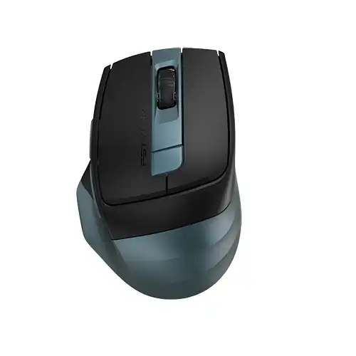 A4TECH FB35CS Fstyler silent wireless mouse in midnight green matte finish, showcasing its contoured ergonomic thumb rest, silent click main buttons, and multi-device connection indicator lights