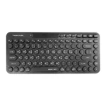 A4TECH FBK36C AS wireless keyboard in sleek matte black showing its ultra-compact tenkeyless layout, unique retro circular keycaps with clear laser-inscribed characters, and upper multi-device connection indicators