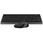 A4TECH FG-1010 Wireless Combo in sleek grey-black finish showcasing its full-size multimedia keyboard, matching optical mouse with rubber side grips, and compact USB receiver dongle