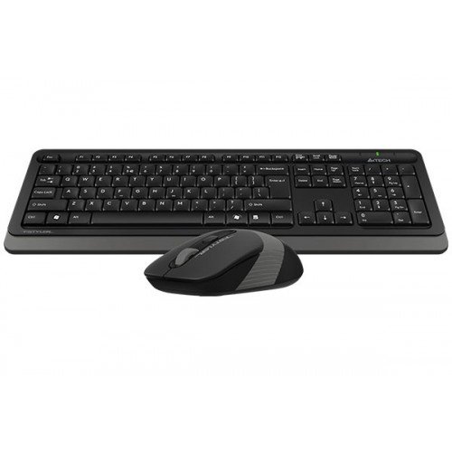 A4TECH FG-1010 Wireless Combo in sleek grey-black finish showcasing its full-size multimedia keyboard, matching optical mouse with rubber side grips, and compact USB receiver dongle