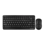 A4TECH FG-1112 Wireless Combo in matte black displaying its compact tenkeyless wireless keyboard alongside its symmetrical optical tracking mouse and tiny USB nano receiver dongle