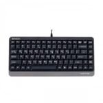 A4TECH FK11 USB mini keyboard in matte black showing its compact tenkeyless structural layout, laser-inscribed keys with comfort round edges, and attached USB connection cable