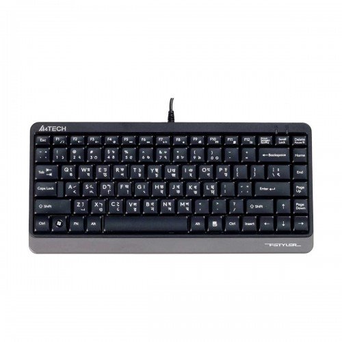 A4TECH FK11 USB mini keyboard in matte black showing its compact tenkeyless structural layout, laser-inscribed keys with comfort round edges, and attached USB connection cable