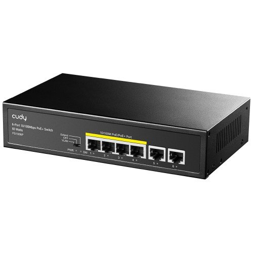 Cudy FS1006P 6 port desktop unmanaged PoE plus network switch displaying its metal housing four yellow bordered PoE ports two uplink ports and front panel extend mode toggle switch