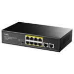 Cudy FS1010PG 10 port desktop unmanaged PoE plus network switch with an industrial black metal housing showing eight yellow bordered PoE ports two dedicated Gigabit uplink interfaces and status indicator LEDs on a clean white background