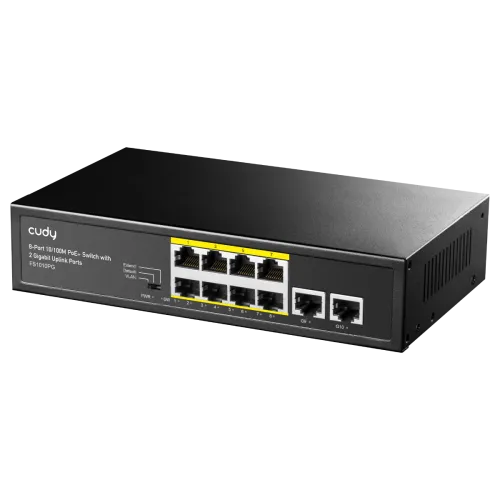 Cudy FS1010PG 10 port desktop unmanaged PoE plus network switch with an industrial black metal housing showing eight yellow bordered PoE ports two dedicated Gigabit uplink interfaces and status indicator LEDs on a clean white background