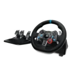 Logitech G29 Driving Force racing wheel bundle featuring its premium leather wrapped steering wheel with integrated blue metal accent band center console buttons paddle shifters alongside its heavy duty stainless steel three pedal floor deck unit