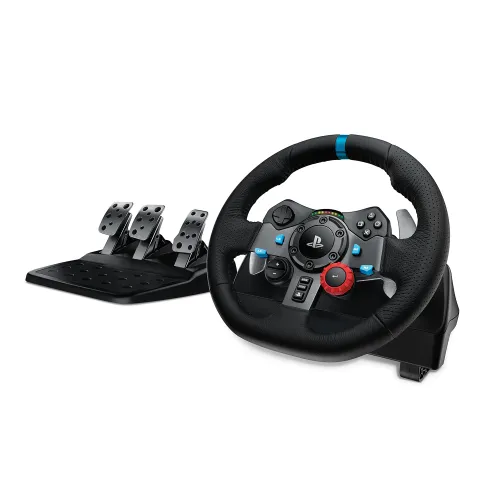 Logitech G29 Driving Force racing wheel bundle featuring its premium leather wrapped steering wheel with integrated blue metal accent band center console buttons paddle shifters alongside its heavy duty stainless steel three pedal floor deck unit