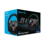 Logitech G29 Driving Force racing wheel bundle featuring its premium leather wrapped steering wheel with integrated blue metal accent band center console buttons paddle shifters alongside its heavy duty stainless steel three pedal floor deck unit
