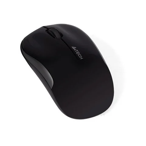 A4TECH G3-300N Wireless Optical Mouse in a sleek matte black finish shown from a top-down view alongside its ultra-compact USB nano receiver