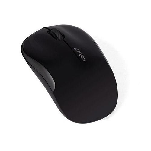 A4TECH G3-300N Wireless Optical Mouse in a sleek matte black finish shown from a top-down view alongside its ultra-compact USB nano receiver