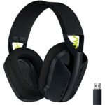 Logitech G435 wireless gaming headset in matte black showing its ultra lightweight mesh fabric headband, comfortable memory foam ear cups, internal dual beamforming microphone ports, and a dedicated LIGHTSPEED wireless USB A dongle lines