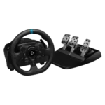 Logitech G923 TRUEFORCE Racing Wheel and Pedals setup on a plain white background showing the premium hand stitched leather steering wheel console base and stainless steel three pedal floor board unit