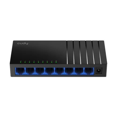 Cudy GS108D 8-Port Gigabit Desktop Switch showing application diagram connecting NAS, game console, computer, IPTV, printer, and router on white background
