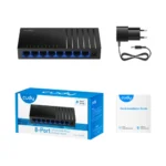 Cudy GS108D 8-Port Gigabit Desktop Switch showing application diagram connecting NAS, game console, computer, IPTV, printer, and router on white background