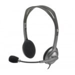 Logitech H111 stereo wired headset in a classic dark grey finish showing its adjustable headband design, soft foam ear cups, and rotating microphone boom arm alongside the 3.5mm audio jack connector lines