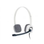 Logitech H150 stereo computer headset showing its adjustable headband design, soft foam ear cushions, rotating microphone boom arm, and integrated in line audio control module alongside its color coded dual 3.5mm inputs