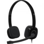 Logitech H151 stereo wired headset in a matte black finish showing its adjustable headband design, soft foam ear cups, rotating microphone boom arm, and integrated in line audio control module texturing