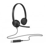 Logitech H340 USB computer headset in a sleek matte black finish showing its adjustable lightweight headband design, soft foam ear cups, and adjustable microphone boom arm beside the standard USB A connector plug lines