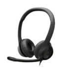 Logitech H390 USB-type C computer headset in a smooth dark finish showing its plush padded leatherette headband design, cushioned ear cups, adjustable microphone boom arm, and integrated inline control module leading down to a reversible Type C connector port plug