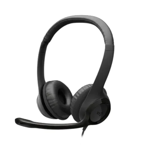 h390-type-c-01-500x500 Logitech H390 USB-type C computer headset in a smooth dark finish showing its plush padded leatherette headband design, cushioned ear cups, adjustable microphone boom arm, and integrated inline control module leading down to a reversible Type C connector port plug