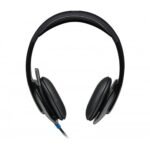 Logitech H540 USB computer headset in a glossy black premium finish showing its plush padded leatherette headband design, cushioned ear cups with integrated on ear control buttons, a hide away rotating microphone boom arm, and a dedicated in line LED mute indicator light lines