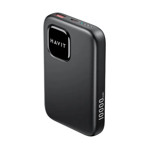 Havit PB31 10000mAh 22.5W Power Bank Price in BD - Front view of black and gray dual-tone fast power bank with LED display