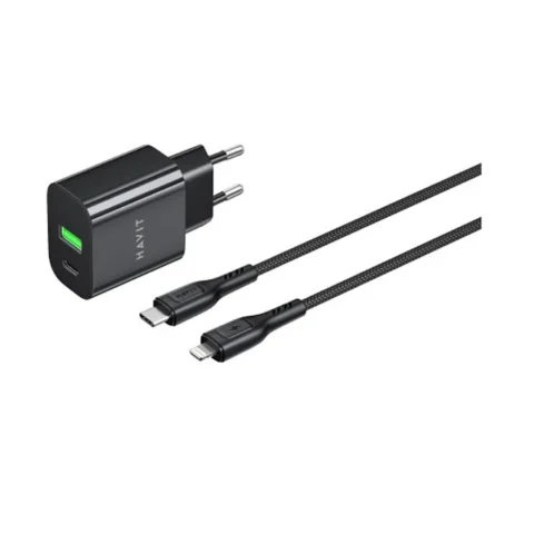 Havit ST925 20W Charger with Lightning Cable Price in BD - Front view of black Havit ST925 20W charger adapter with USB-C to Lightning cable