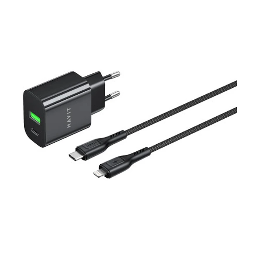 Havit ST925 20W Charger with Lightning Cable Price in BD - Front view of black Havit ST925 20W charger adapter with USB-C to Lightning cable