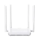 White Tenda HG10C AC1200 Dual Band Wi-Fi XPON ONT Router unit showing its compact body layout front status LED indicator lamps four tall adjustable external antennas and rear fiber connection port along with Gigabit LAN interfaces