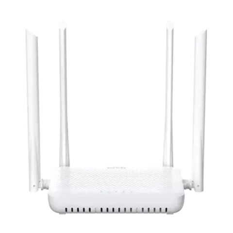 White Tenda HG10C AC1200 Dual Band Wi-Fi XPON ONT Router unit showing its compact body layout front status LED indicator lamps four tall adjustable external antennas and rear fiber connection port along with Gigabit LAN interfaces