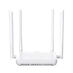 White Tenda HG15 AX1500 Dual Band Wi-Fi 6 XPON ONT Router displaying its upright compact body layout front status indicator LEDs row four tall adjustable antennas and rear fiber SC APC port along with Gigabit LAN ports