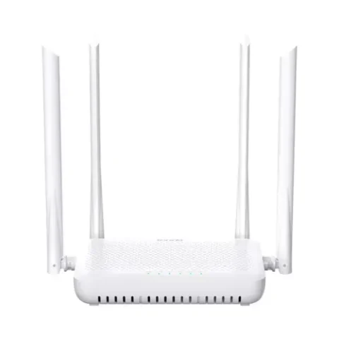 White Tenda HG15 AX1500 Dual Band Wi-Fi 6 XPON ONT Router displaying its upright compact body layout front status indicator LEDs row four tall adjustable antennas and rear fiber SC APC port along with Gigabit LAN ports