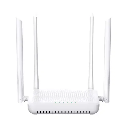 hg15-01-500x500 White Tenda HG15 AX1500 Dual Band Wi-Fi 6 XPON ONT Router displaying its upright compact body layout front status indicator LEDs row four tall adjustable antennas and rear fiber SC APC port along with Gigabit LAN ports