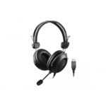 A4TECH HU-35 USB Headphone in matte black showing its flexible single-directional microphone arm, cushioned over-ear pads, and attached digital USB cable